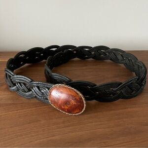 Vintage Boho/Artisan Braided Leather Belt: Burl Wood Buckle Made in Morocco